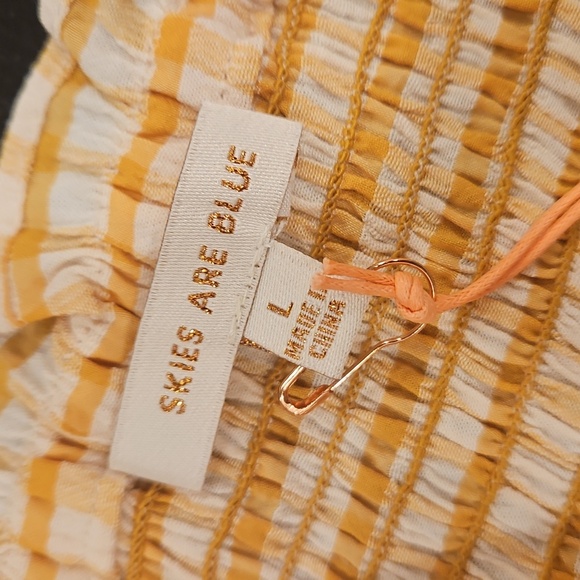 💕SKIES ARE BLUE💕 Checkered Smocked Top Yellow Mustard Gingham Print Large NWT - Picture 9 of 12